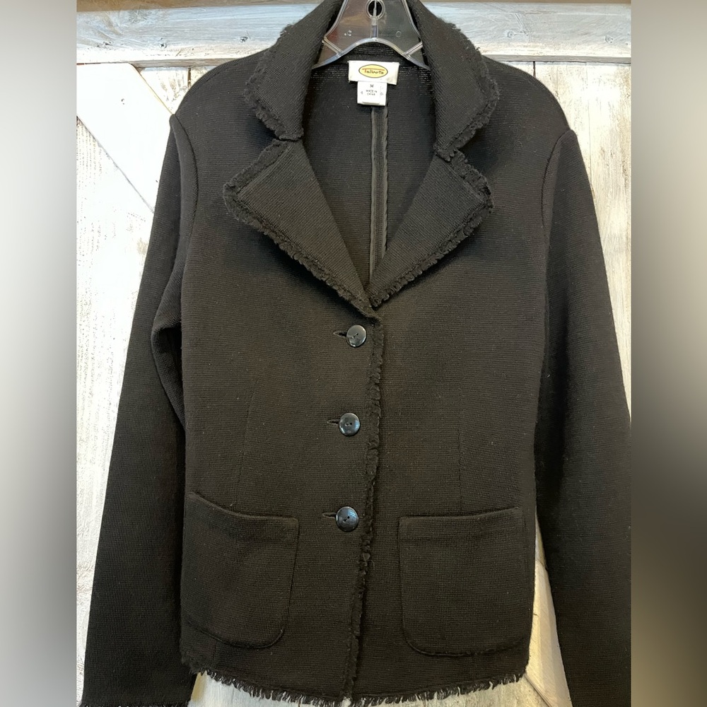Talbots Black Fringe Merino Wool Cardigan Jacket 3 Button Sweater Size Medium